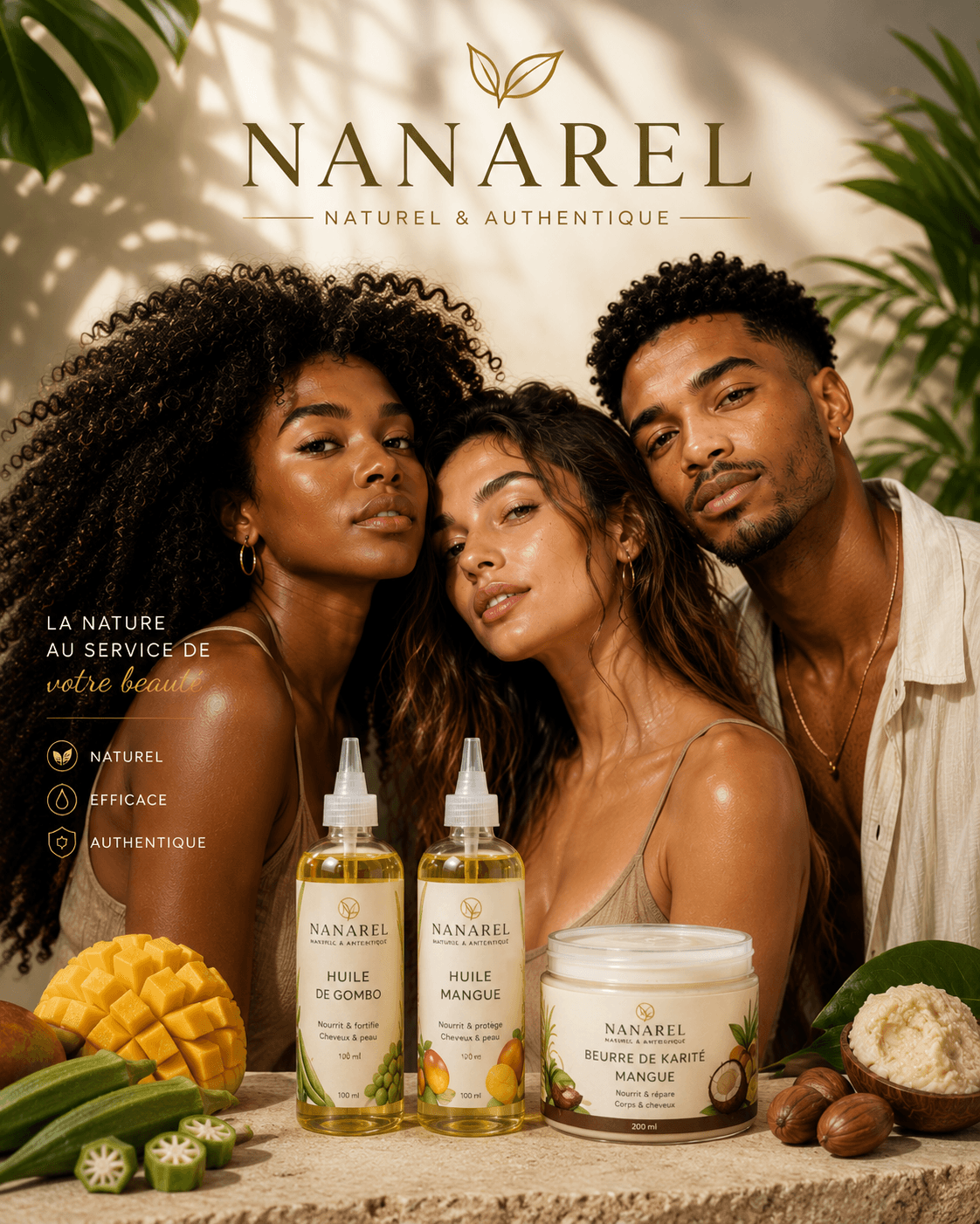 Femme appliquant une huile naturelle Nanarel sur ses cheveux et sa peau